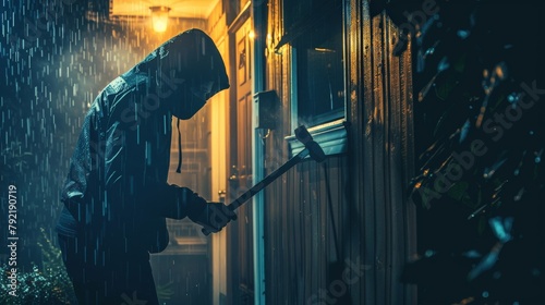 A masked figure using a crowbar to break into a house during a stormy night