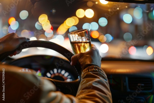 A man driving with a glass of alcohol. Drunk driving concept. Background with selective focus and copy space