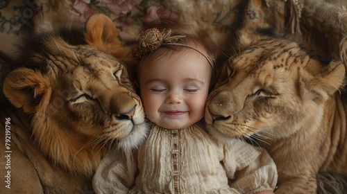 Portrait of a skinny smiling baby surrounded by two kissing lions