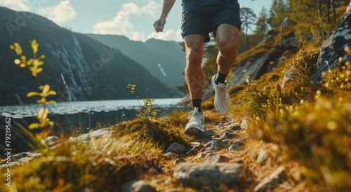 A man is running on a trail in the mountains. Disabled athlete concept
