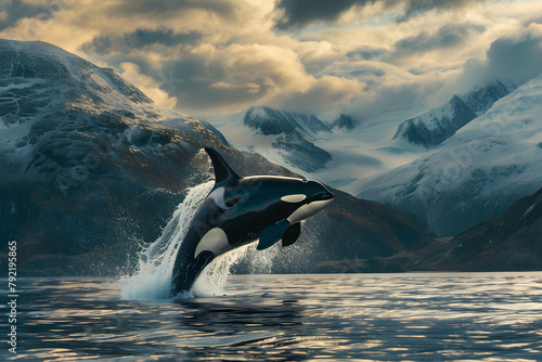 orca leaping out of the water. Against a scenic backdrop of mountains and a forest, the orca’s powerful movement is frozen in time