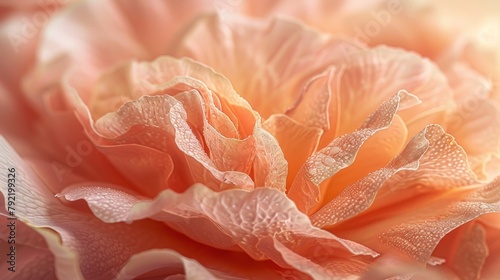 Close up of the petals of a rose or ranunculus in peach fuzz