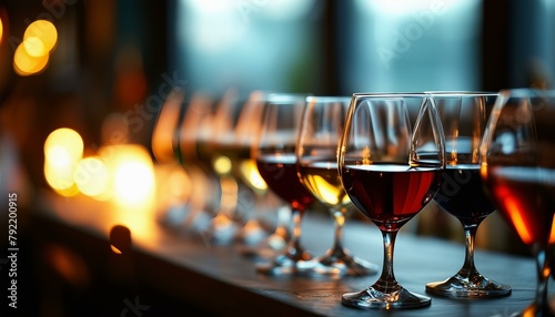 An array of wine goblets topped with red liquid sits next to each other on a dining room table.