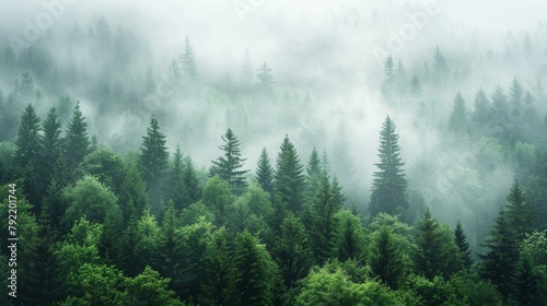 Misty mountain forest, an ethereal landscape shrouded in fog and lush greenery