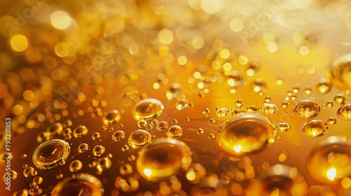 Golden effervescence: close-up of sparkling bubbles in amber liquid under radiant light