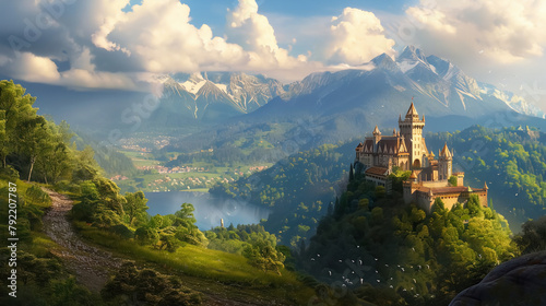 Breathtaking European mountain vista with an ancient stone castle bathed in morning light