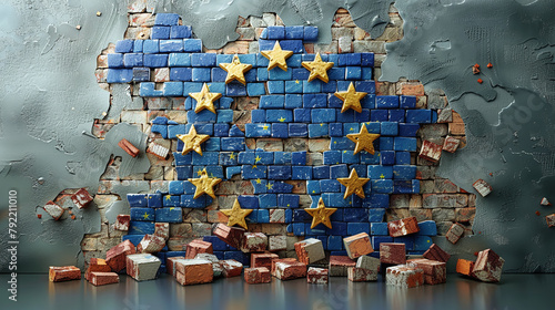 illustration of bricks puzzle of European Union, disarmed, all over the place, frexit