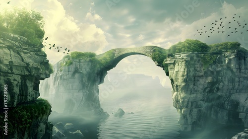 Surreal landscape with an ancient stone bridge arching over misty waters, birds in flight, and lush cliffs