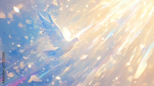 dove in flight, glowing amidst watercolor hues, embodying peace, ample copy space, vector."