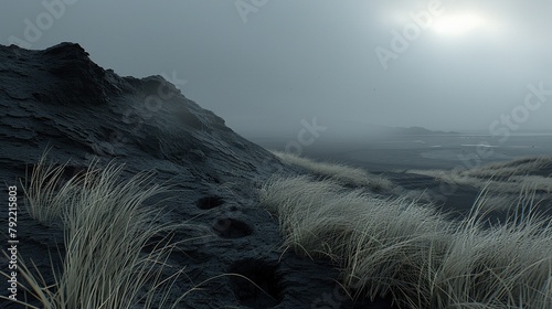 A desolate landscape with a foggy sky and a large hill