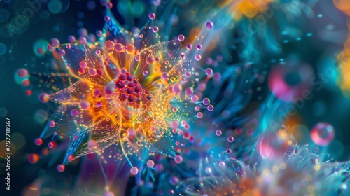 A microscopic image of a singlecelled toxic algae species showcasing its unique shape and coloration resembling a tiny firework exploding
