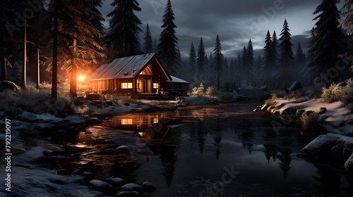 Wooden house in the middle of the mountain river at night.