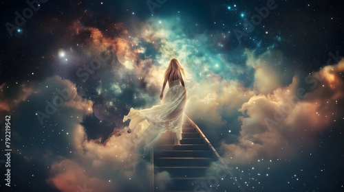 Woman Walking A Staircase Up Ascending Into Heaven Cosmos Galaxies Stars (Generative AI)