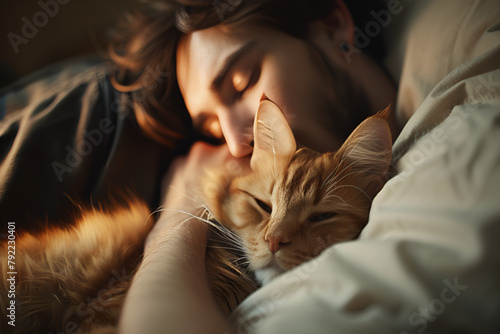 cat sleeping with man, Generative AI