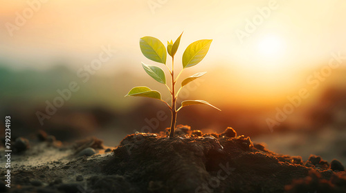 a small tree growing from divide mud with sunrise background