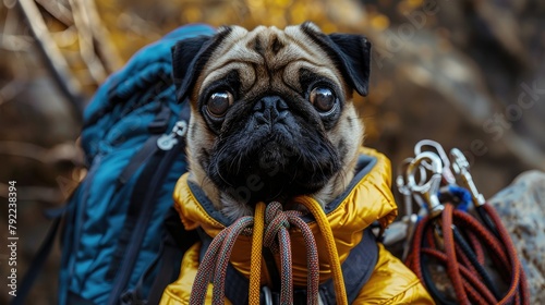 Pug dressed as a mountaineer with a rope and climbing gear