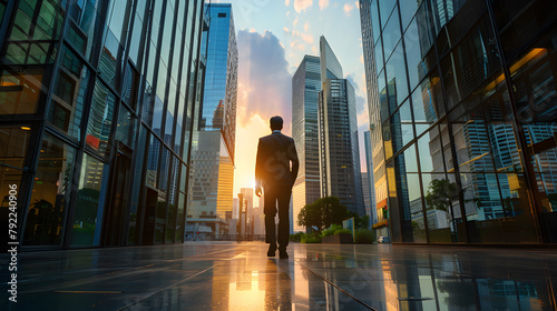 A silhouette of businessman in a suit walks confidently on a bustling modern office outdoor, dwarfed by the towering skyscrapers that define the urban landscape