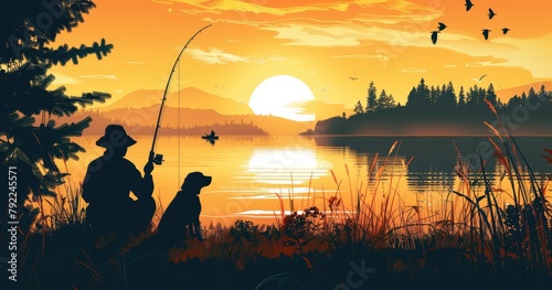 A Fisherman and His Dog at Sundown 