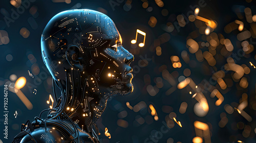 A dynamic visual of AI technology interfacing with musical notes, symbolizing the blend of artificial intelligence and musical creativity