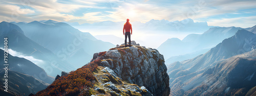 A traveling hiker standing on the top of a mountain with beautiful nature landscape. Life achievement concept.