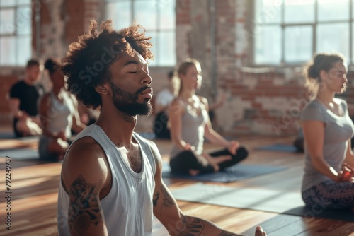 In the bright yoga studio people meditated. Generate AI image