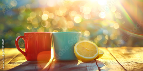 Close up cup of tee with lemon
