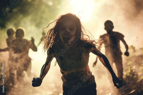 Terrifying Scene of a Woman Running from a Horde of Zombies in a Dramatic Apocalypse Setting