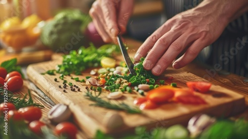 Abstract defocused background of colorful ingredients from fresh herbs to vibrant vegetables tered across a wooden countertop. In the center hands can be seen skillfully chopping and .