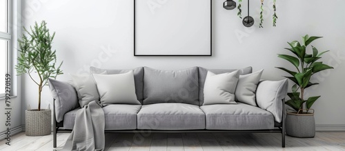 A cozy gray sofa adorned with soft pillows and a warm blanket set in a serene white room