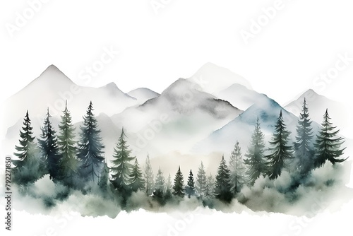 Watercolor mountain landscape with pine trees and fog. Hand drawn illustration.