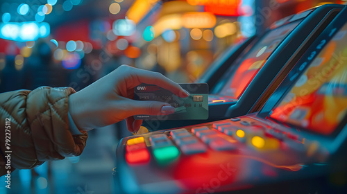 A women hand holding a credit card in front of a slot machine, with orange and green light colors, in a casino background