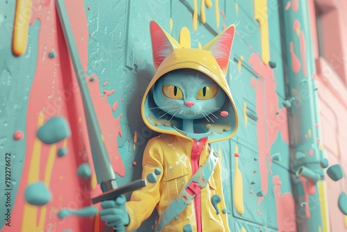 An illustrated comic-style cityscape featuring a cat detective with a katana, discombobulating criminals with swift justice
