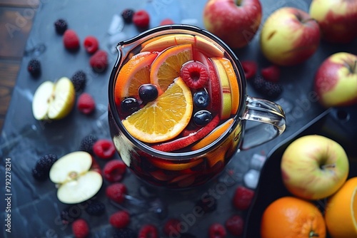 Sangria pitcher with orange, apple and berry slices