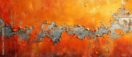 Orange and grey artwork showing signs of wear with peeling paint, a textured surface in need of restoration