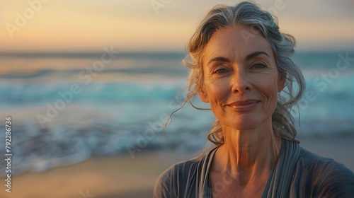 Serene Mature Woman Practicing Yoga on Coastal Beach at Sunrise