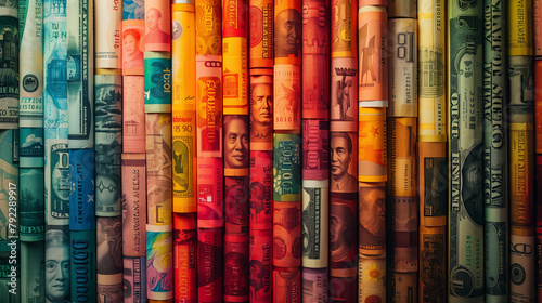  A colorful background of various currency bills from different countries, including the US dollar and Chinese yuan rolled up together in an artistic display