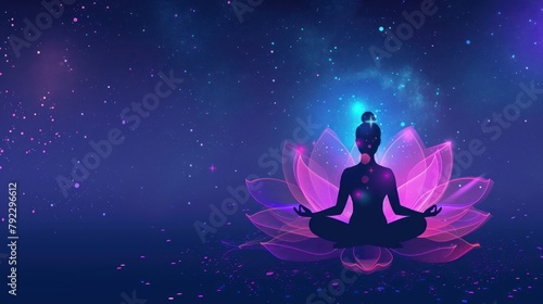 Human body in yoga lotus asana on neon purple lotus petals and dark blue space with stars background. AI generated