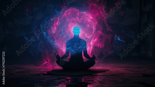 Female body in yoga assana with seven chakras in shining neon colors on gently purple lotus petals and dark blue space with stars background. AI generated