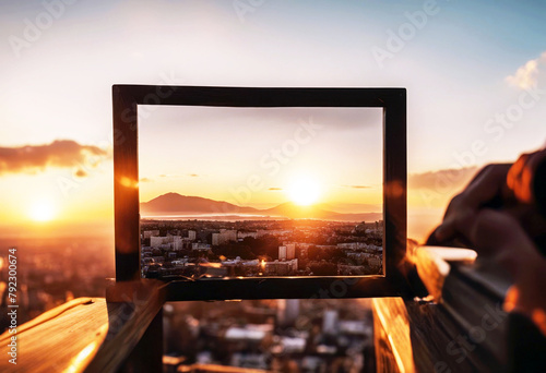 'concept business sunset stant view framing hand perspective sharpened frame nature distant sky person composition finger strategy background yellow human accuracy field looking forest imagination'