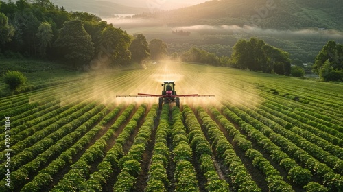 Applying fertilizer using drone on green crops, showcasing agriculture technology and precision farming, realism style, photograph, precision farming, AI Generative