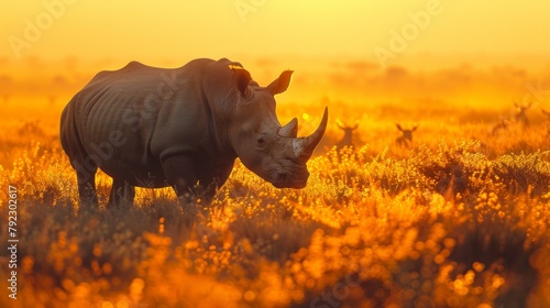 Single rhinoceros in the glow of the golden hour, wide savannah in the background, natural play of light, AI Generative