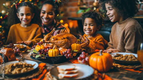 Happy family bonding over Thanksgiving traditions, their laughter echoing through the dining room as they give thanks and share love.