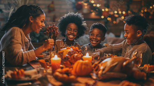 Happy family bonding over Thanksgiving traditions, their laughter echoing through the dining room as they give thanks and share love.
