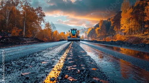 road construction utilizing a roller compactor and asphalt finisher stock photo