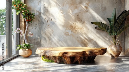 natural log wood podium table in sunlight tropical banana tree shadow on beige concrete wall for organic cosmetic skincare beauty treatment product display background d stock photo