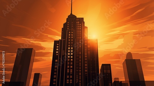 Elegant skyscraper silhouette against a sunset sky, echoing Art Deco architecture's grandeur and sleek lines.