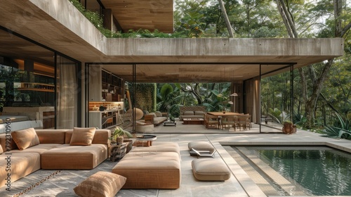 Indoor-outdoor Connection: The living room blurs the line between indoor and outdoor spaces, creating a seamless connection with nature. stock image