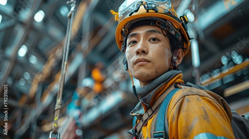 Asian construction worker Wear safety suits and harnesses when working on steel roof structures.