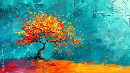 Tree with red leaves on blue background. Oil painting banner.