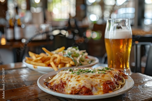 Chicken parmigiana lunch at pub with beer and seating in background served with chips coleslaw and Mexican flavor Also known as Chicken Parma or P